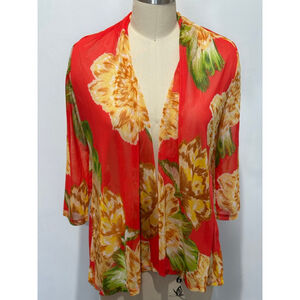 Women's Zero 2 Eight Red & Yellow tropical Floral mesh open front cardigan S